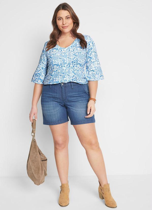 Outlet - Blusa Decote V com Botões Paisley Azul 5