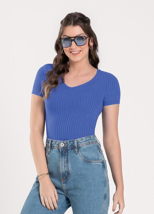 Cativa - Blusa Decote V em Canelado Azul 1