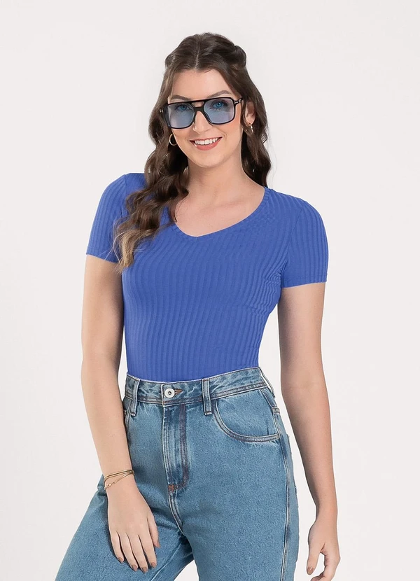 Cativa - Blusa Decote V em Canelado Azul