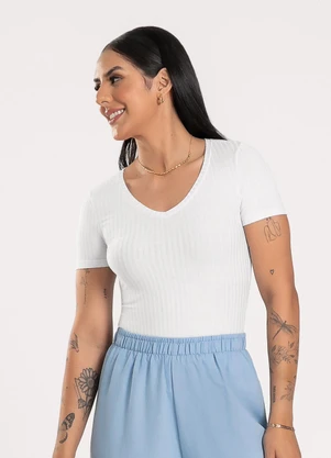 Cativa - Blusa Decote V em Canelado Branco - CATIVA