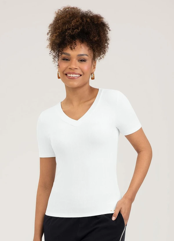 Cativa - Blusa Decote V em Canelado Branco