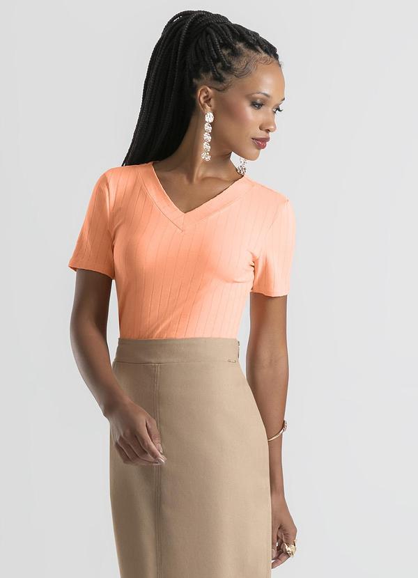 Cativa - Blusa Decote V em Canelado Laranja Claro
