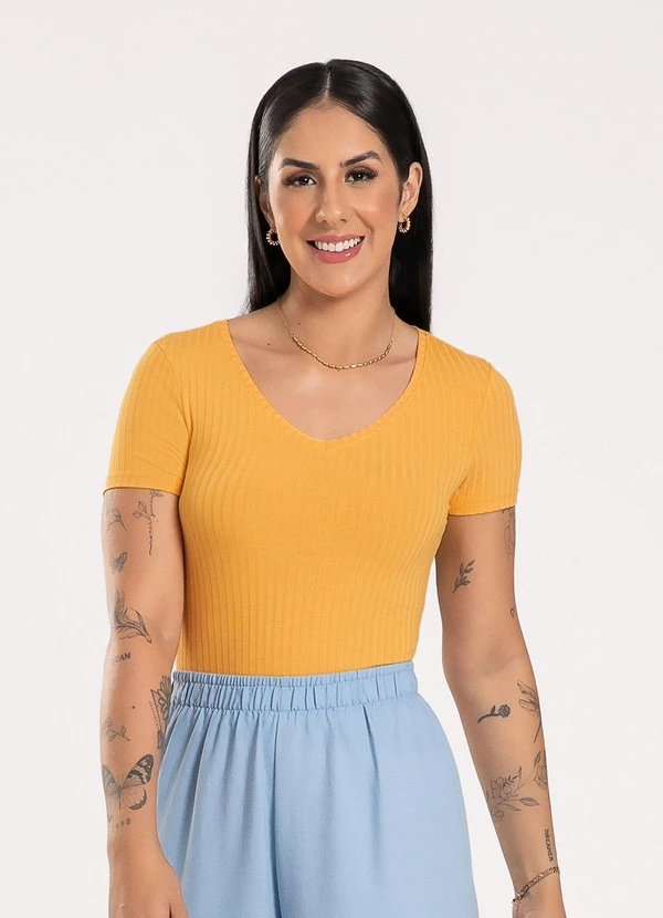 Cativa - Blusa Decote V em Canelado Laranja