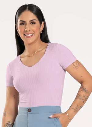 Cativa - Blusa Decote V em Canelado Lilás - CATIVA