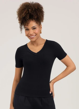 Cativa - Blusa Decote V em Canelado Preto - CATIVA