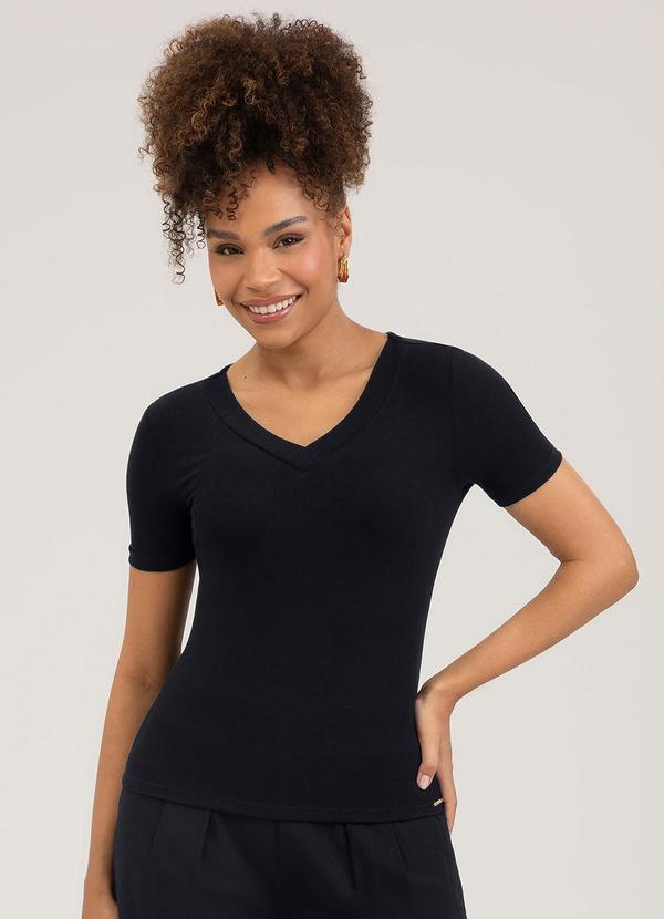 Cativa - Blusa Decote V em Canelado Preto