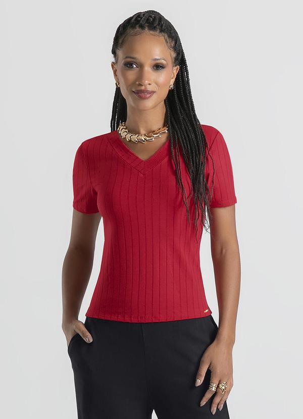 Cativa - Blusa Decote V em Canelado Vermelho Escuro