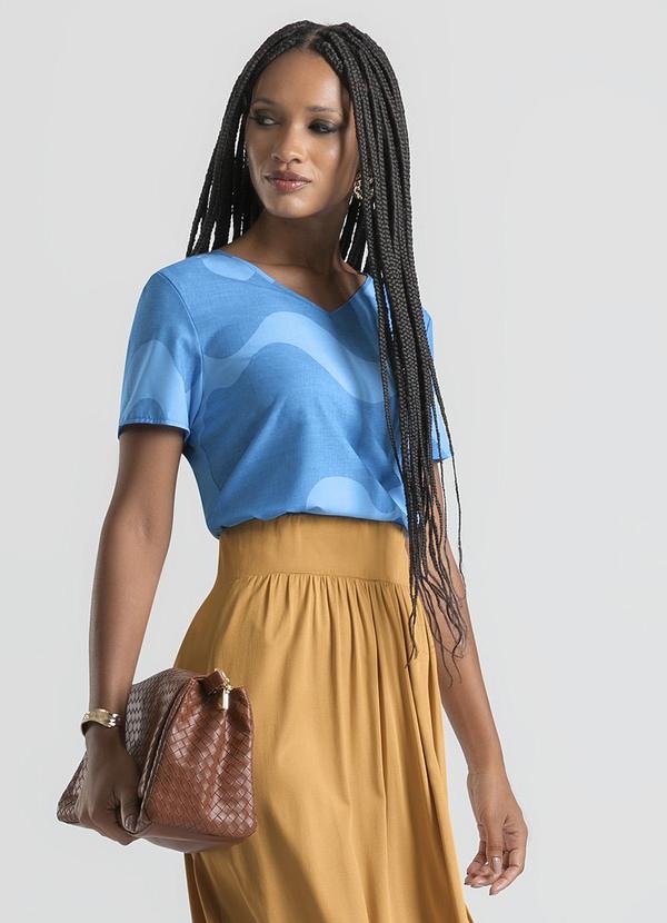 Cativa - Blusa Decote V em Misturinha Azul