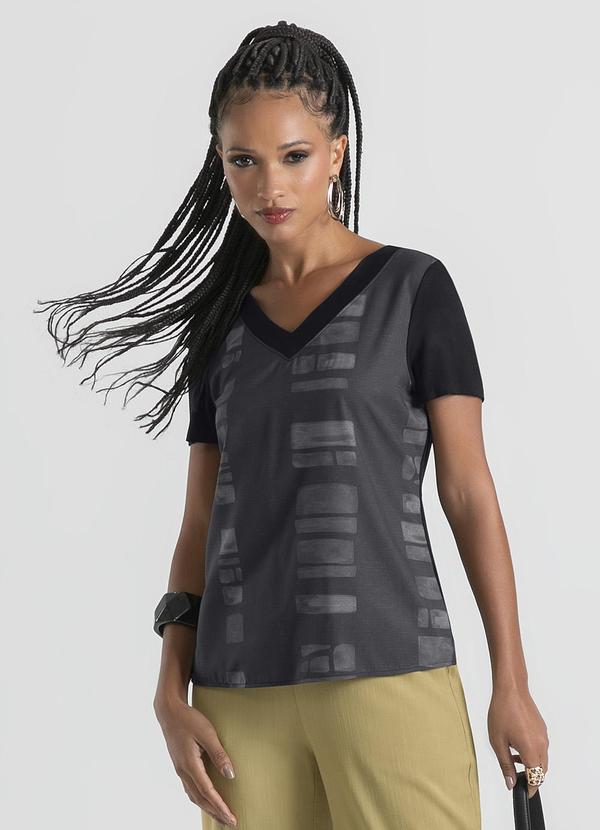 Cativa - Blusa Decote V em Misturinha Preto