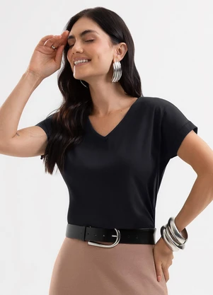 Cativa - Blusa Decote V em Viscose com Elastano Preto - CATIVA