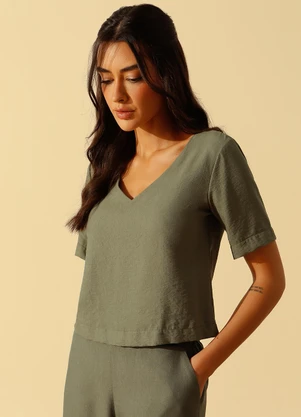 Principessa - Blusa Decote V em Viscose Verde Oliva Rafaella - PRINCIPESSA