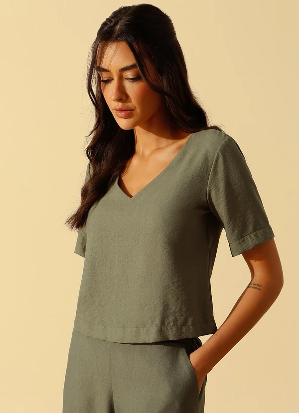 Principessa - Blusa Decote V em Viscose Verde Oliva Rafaella