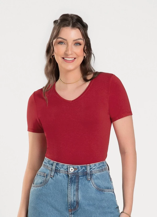 Cativa - Blusa Decote V em Viscose Vermelho Escuro