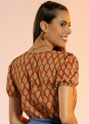 Rosalie - Blusa Decote V Folhas Ferrugem - ROSALIE