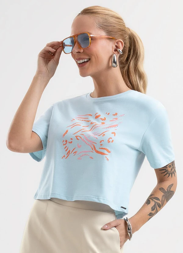 Cativa - Blusa em Algodão com Aplicação Decorativa Azul