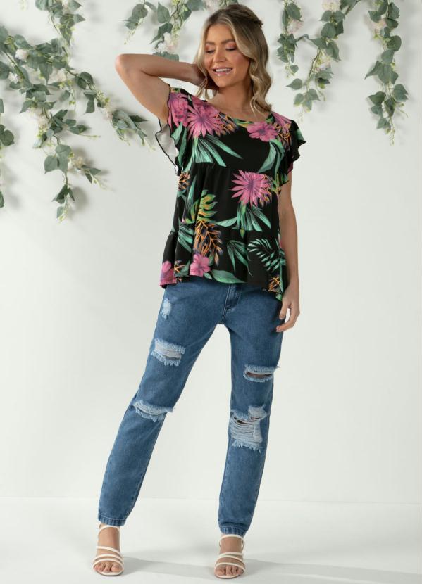 Outlet - Blusa em Camadas Floral Preto com Mangas Curtas 3