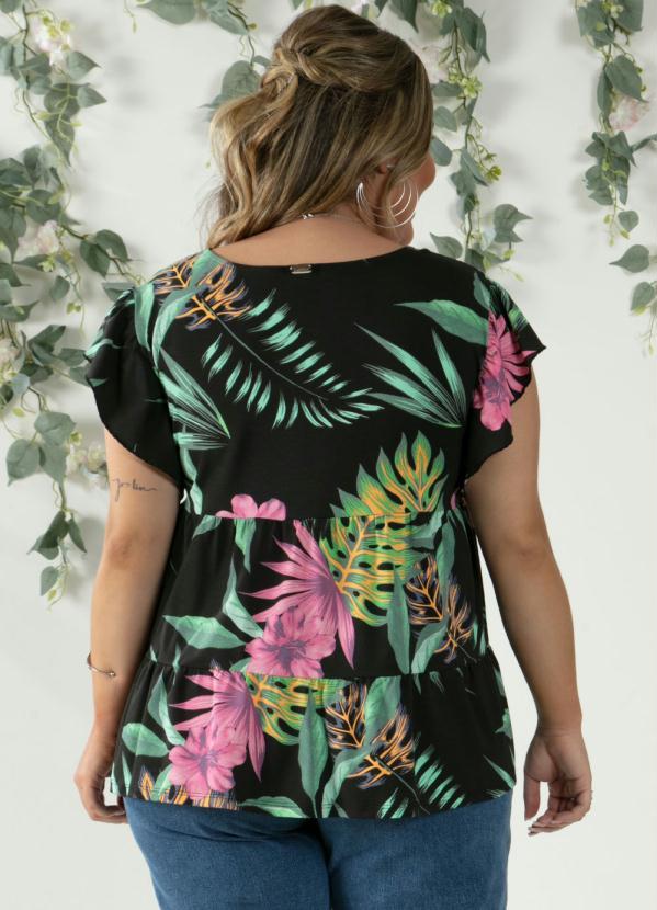 Outlet - Blusa em Camadas Floral Preto com Mangas Curtas 6