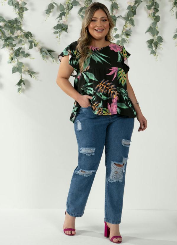 Outlet - Blusa em Camadas Floral Preto com Mangas Curtas 7