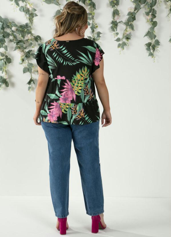Outlet - Blusa em Camadas Floral Preto com Mangas Curtas 8