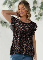 Blusa em Camadas Mini Floral com Mangas Curtas