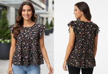 Blusa em Camadas Mini Floral com Mangas Curtas