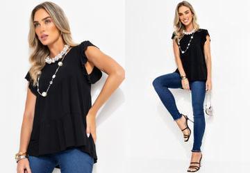 Blusa em Camadas Preta com Mangas Curtas