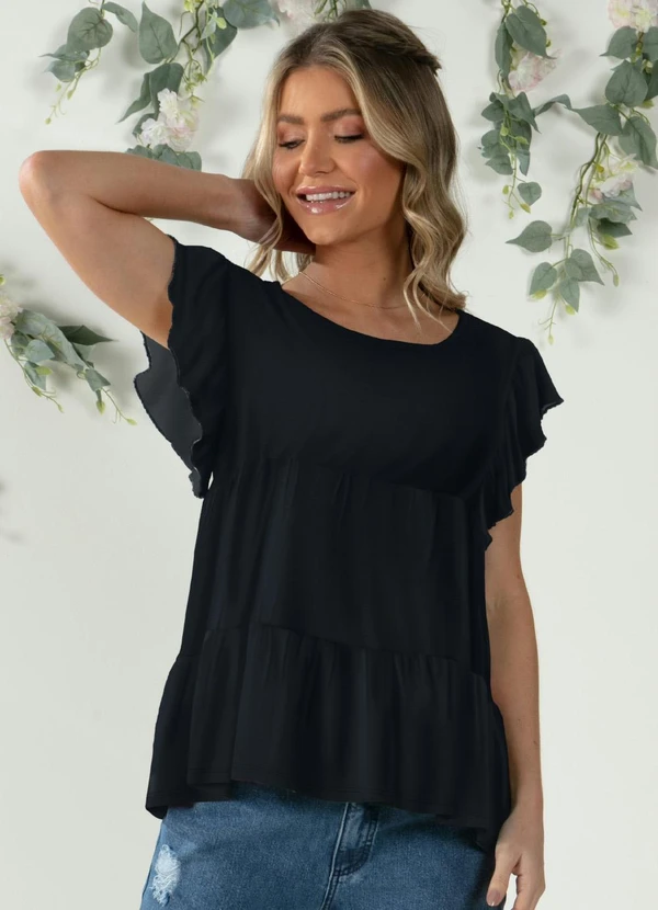 Quintess - Blusa em Camadas Preta com Mangas Curtas 3