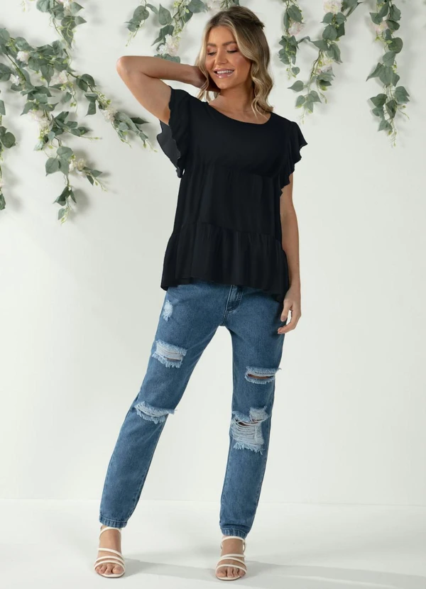 Quintess - Blusa em Camadas Preta com Mangas Curtas 5