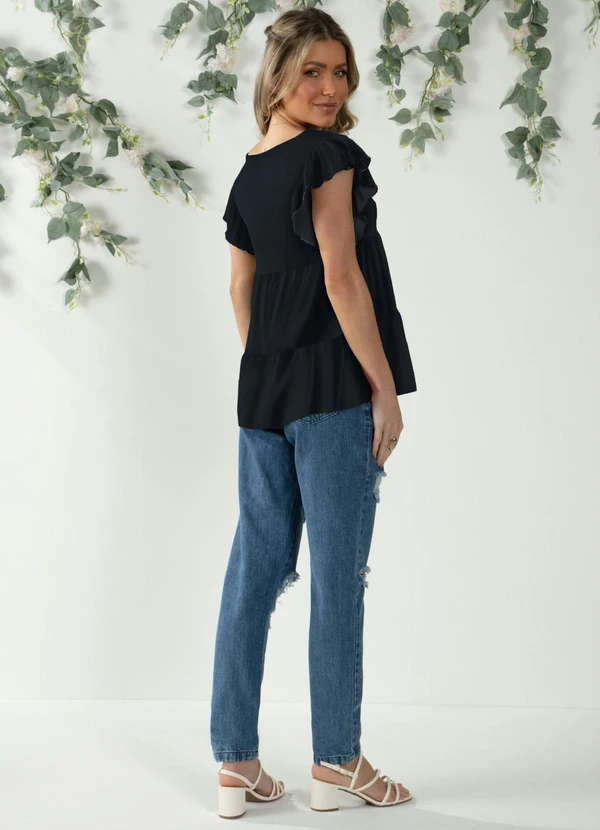 Quintess - Blusa em Camadas Preta com Mangas Curtas 6