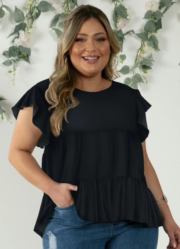 Quintess - Blusa em Camadas Preta com Mangas Curtas 7