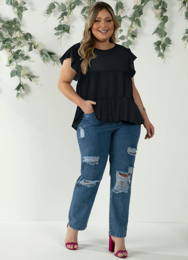 Quintess - Blusa em Camadas Preta com Mangas Curtas 9