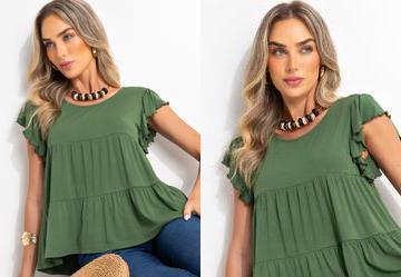Blusa em Camadas Verde com Mangas Curtas