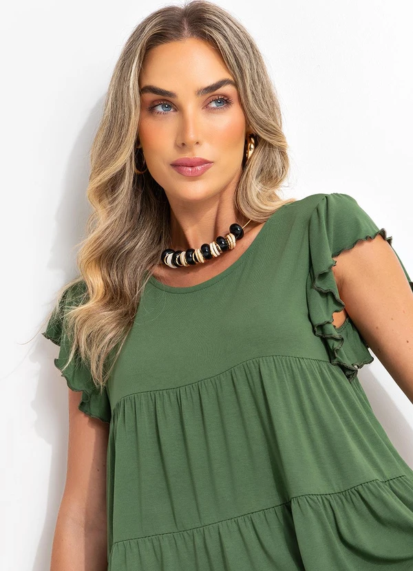 Quintess - Blusa em Camadas Verde com Mangas Curtas 13