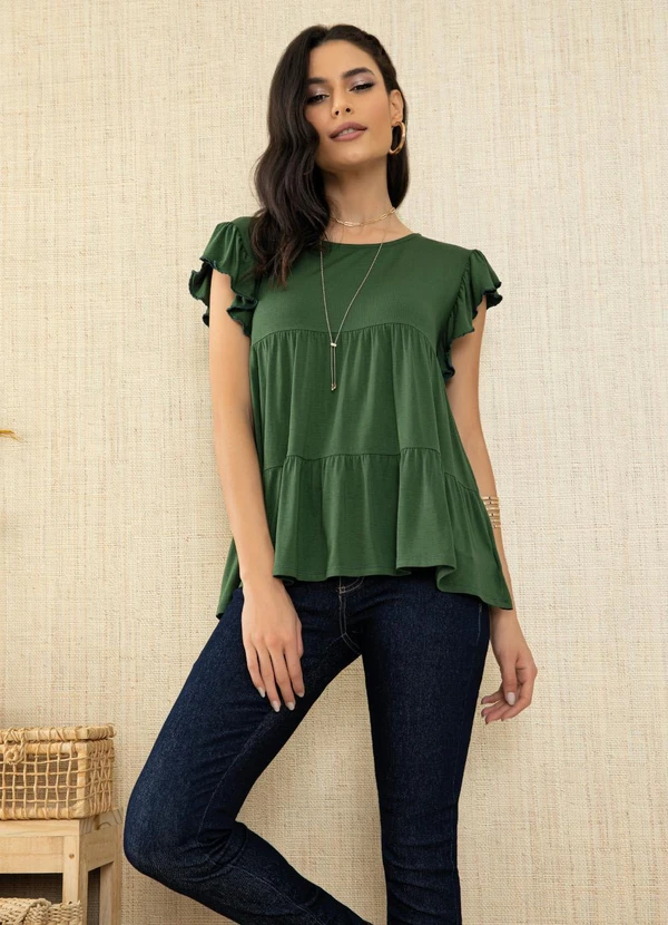 Quintess - Blusa em Camadas Verde com Mangas Curtas 10