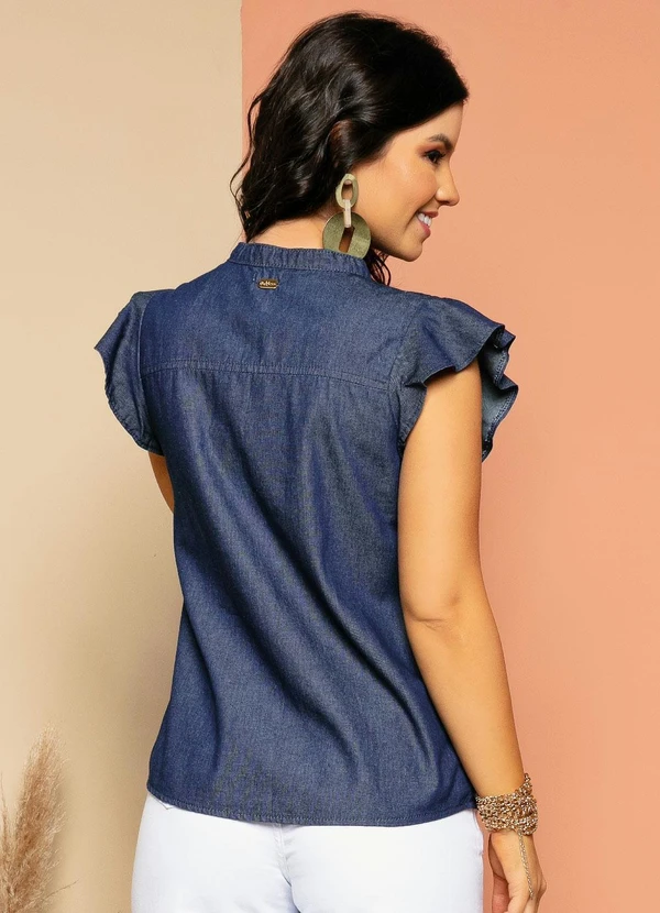 Quintess - Blusa em Jeans com Pregas e Mangas em Babados 6