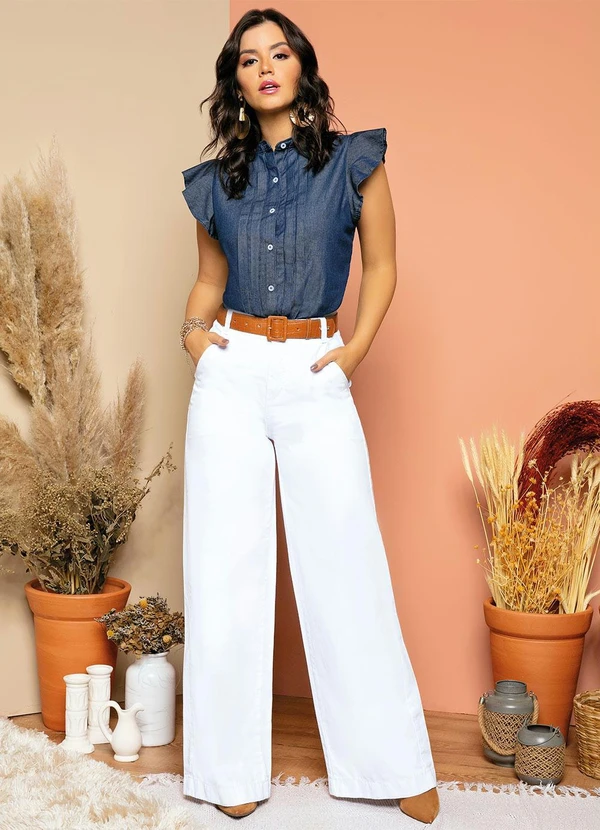 Quintess - Blusa em Jeans com Pregas e Mangas em Babados 7