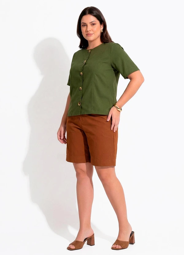 Quintess - Blusa em Linho Verde Oliva com Botões e Recortes Estruturados 17