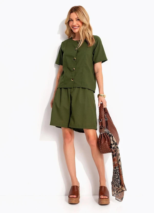 Quintess - Blusa em Linho Verde Oliva com Botões e Recortes Estruturados 6