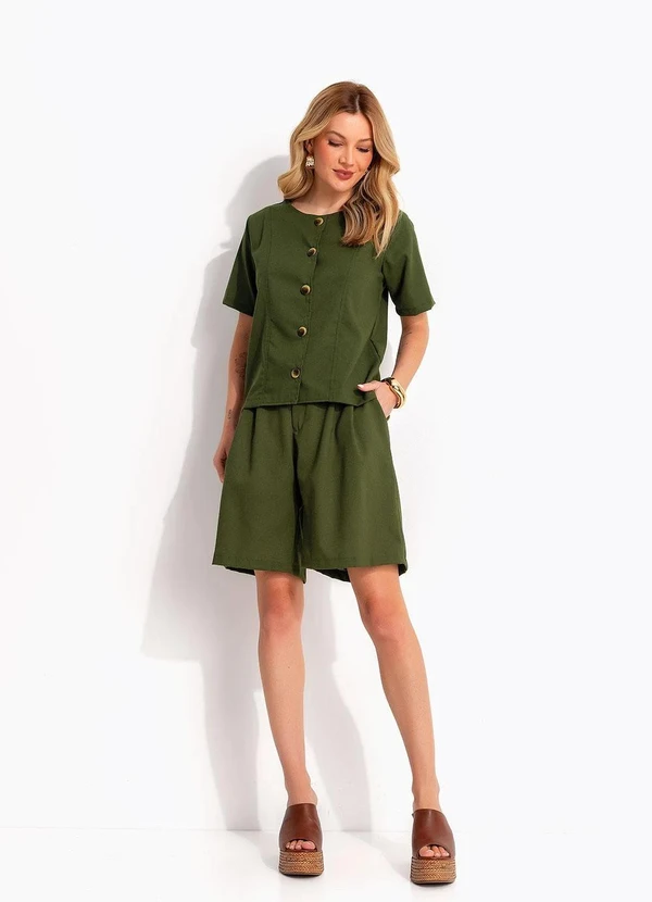 Quintess - Blusa em Linho Verde Oliva com Botões e Recortes Estruturados 7