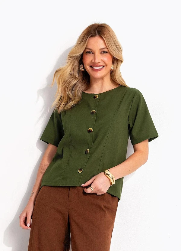 Quintess - Blusa em Linho Verde Oliva com Botões e Recortes Estruturados 9