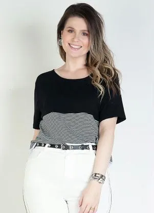 Quintess - Blusa em Malha de Viscose Listras Preta - QUINTESS