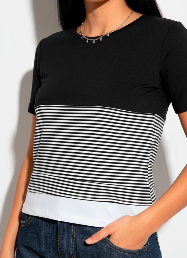Quintess - Blusa em Malha de Viscose Listras Preta 13