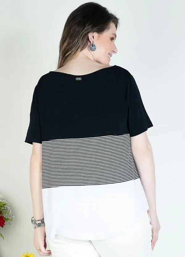 Quintess - Blusa em Malha de Viscose Listras Preta 3