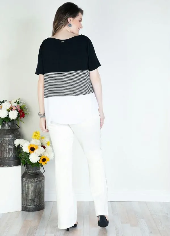 Quintess - Blusa em Malha de Viscose Listras Preta