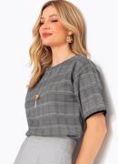 Blusa em Malha Jacquard Xadrez com Manga Curta e Decote Redondo