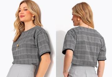 Blusa em Malha Jacquard Xadrez com Manga Curta e Decote Redondo