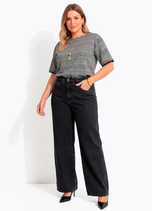 Quintess - Blusa Xadrez Preto em Malha Estruturada - QUINTESS