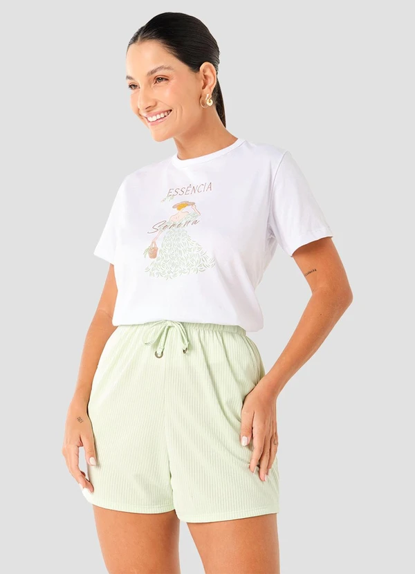 Cereja Rosa - Blusa em Meia Malha com Estampa Frontal Branco