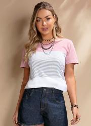 Blusa em Meia Malha Listras e Rosa