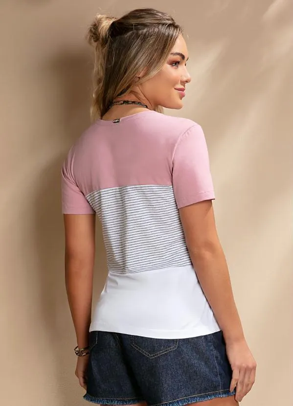 Quintess - Blusa em Meia Malha Listras e Rosa 2